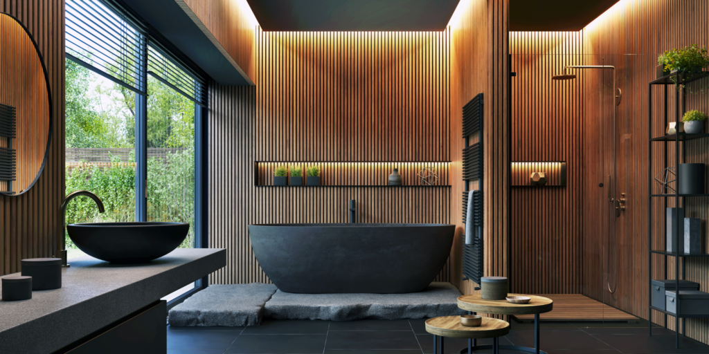 Modern bathroom with wooden slat walls, featuring a freestanding black bathtub, a sleek vanity with a round mirror, and a walk-in shower, illuminated by soft, ambient lighting.