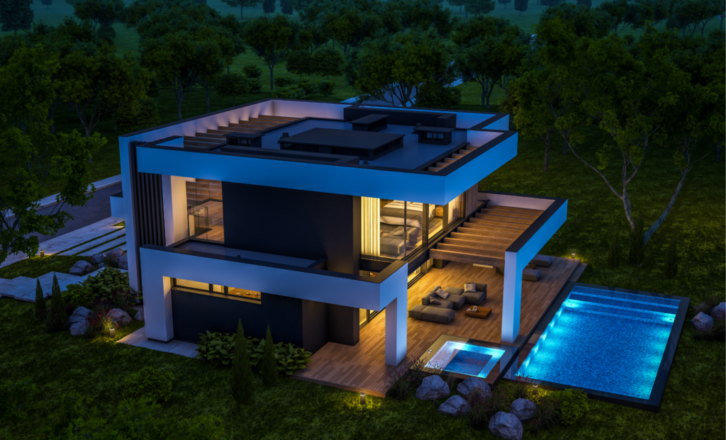 Modern two-story home with a minimalist design, featuring extensive glass walls, a wooden deck, and a glowing pool with adjacent hot tub, all surrounded by lush greenery.